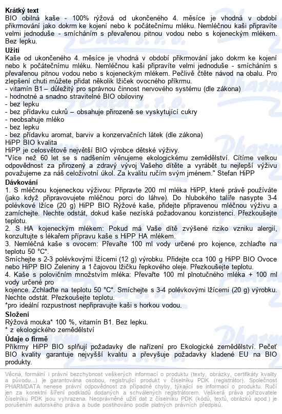 Hipp Obilná Kaše 100% Rýžová Bio 4m 200g - popis