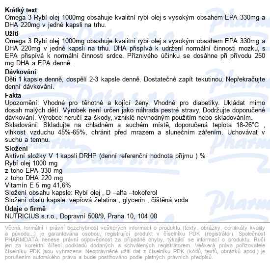 Omega 3 Rybí Olej 1000mg Epa330mg/dha220mg Cps.60 - popis