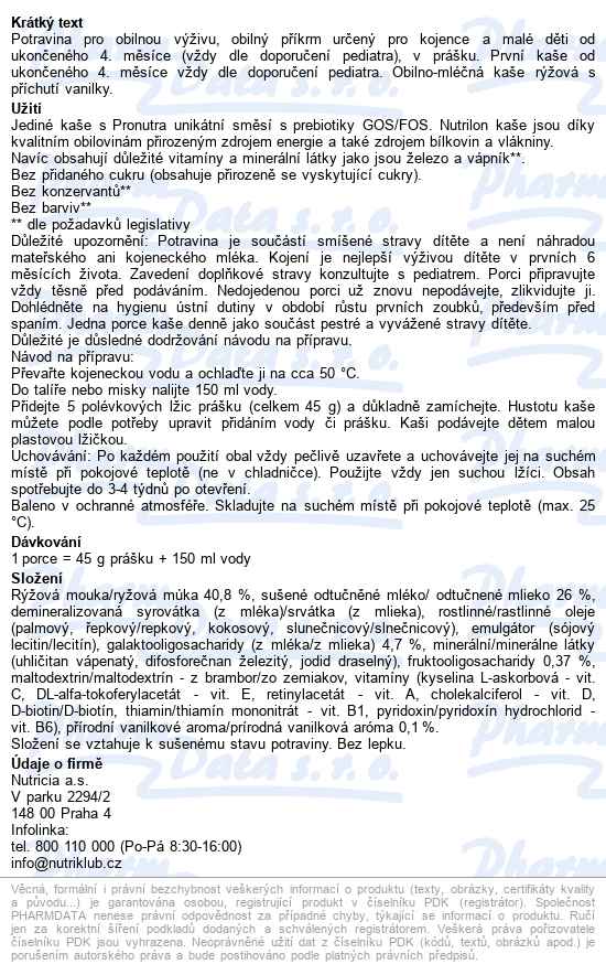 Nutrilon První Kaše Rýžová S Př.vanilky 225g 4m+ - popis