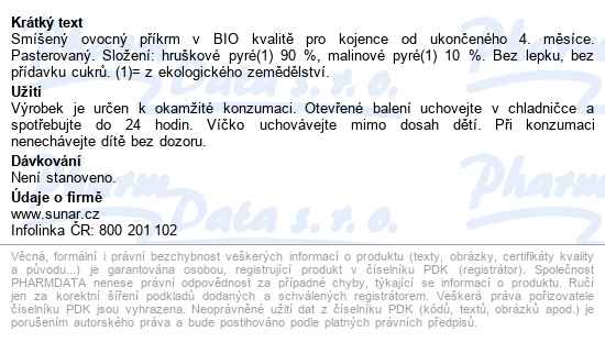 Sunar Kapsička Hruška Malina Bio 100g - popis
