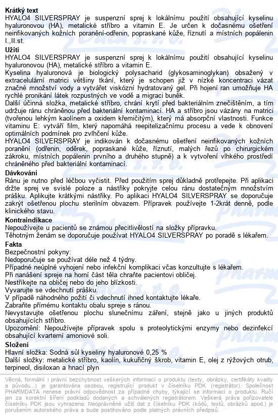 Hyalo4 Silver Spray 125 Ml suspenzní sprej s kyselinou hyaluronovou - popis