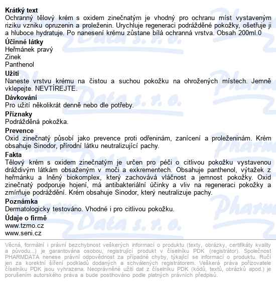 Seni Care Tělový Krém S Oxidem Zinečnatým 200ml - popis