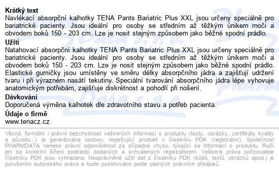 Tena Pants Bariatric Plus Xxl kalhotky absorpční natahovací, boky 150-203cm, 144 - popis