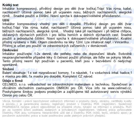 Inhalátor Kompresorový Omron Nami Cat příslušenství vč. dětské masky a masky pro dospělé - popis