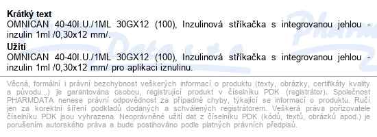 Inj.střík.ins.1ml/30x12/u40 Omnican 100ks 9161627 - popis