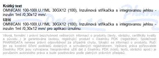 Inj.střík.ins.1.0ml/100 Iu Omnican 100ks 9151141 - popis