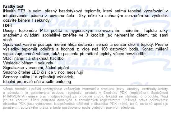Ihealth Pt3 Bezkontaktní Teploměr 1s - popis