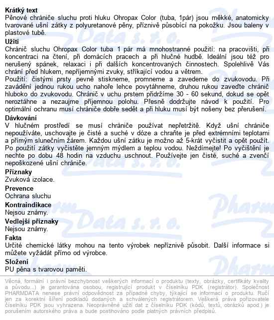 Chránič Sluchu Ohropax Color Tuba 1pár - popis