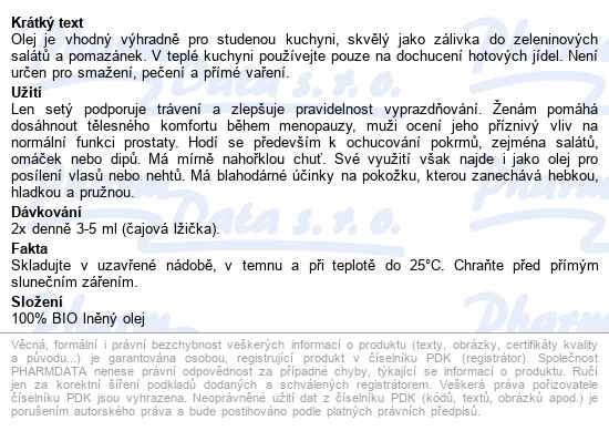 Allnature Lněný Olej Bio 250ml - popis