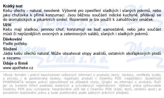 Green Apotheke Kešu Ořechy 500g - popis