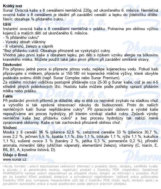 Sunar Nemléčná Ovocná Kaše S 8 Cereáliemi 220g - popis