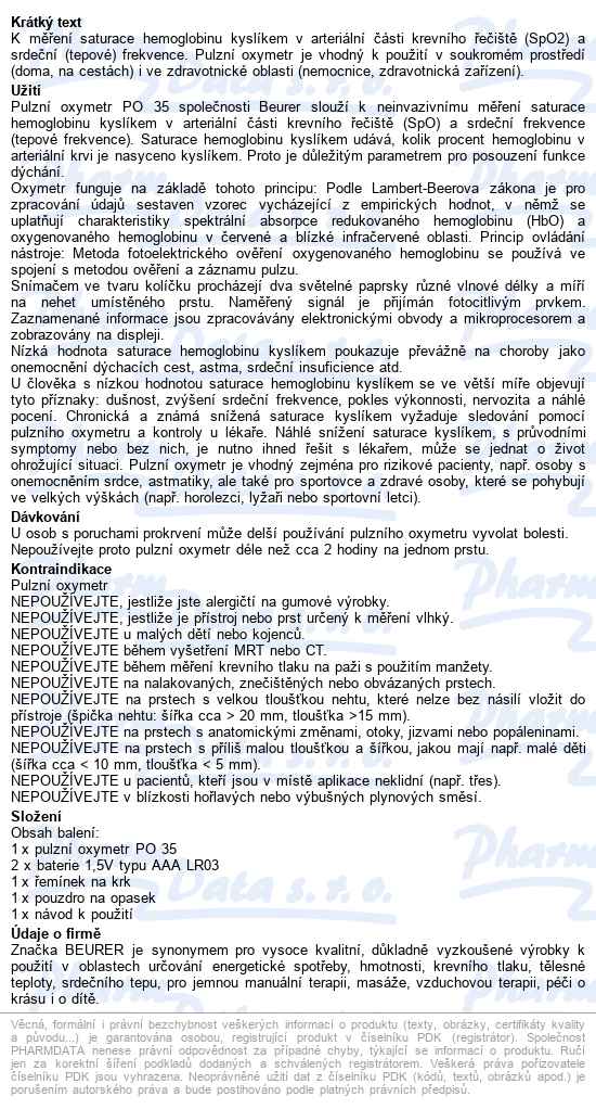 Pulzní Oxymetr Beurer Po 35 - popis
