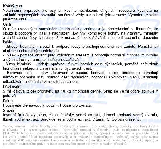 Topvet kašel a nachlazení veterinární přípravek pro psy 200ml - popis