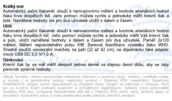 Diagnostic Automatický Tlakoměr Dm-200 Ihb Plus - popis