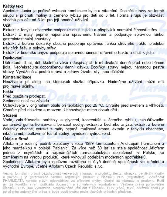 Apetister Junior Sirup 100 Ml - popis