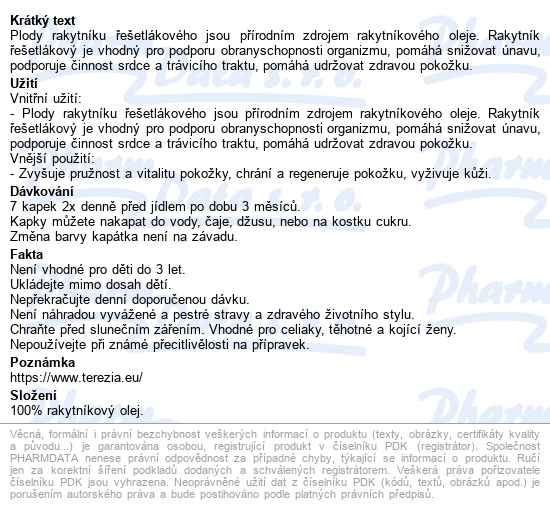 Terezia Rakytníkový Olej 100% Kapky 10ml - popis