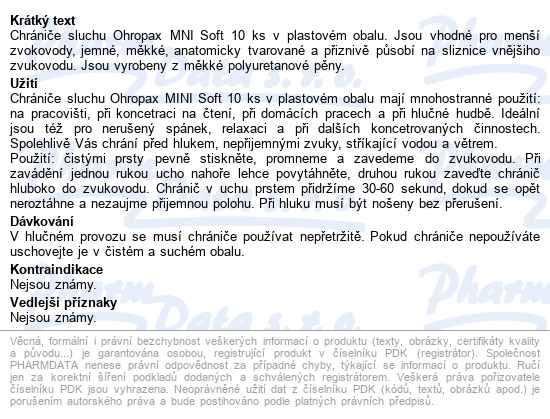 Chránič Sluchu Ohropax Mini Soft 10 Ks - popis
