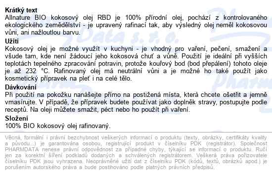 Allnature Rbd Kokosový Olej Bez Vůně Bio 1000ml - popis