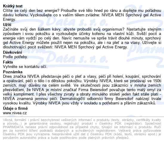 Nivea Men Sprchový Gel Active Energy 250ml 92839 - popis