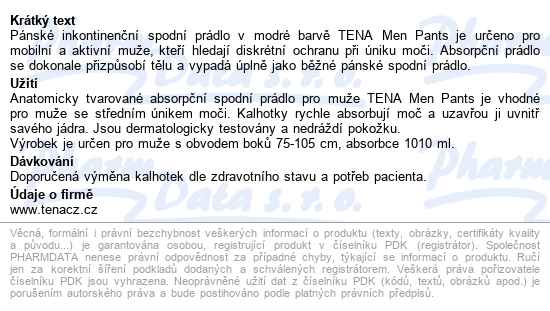 Tena Men Pants Plus Blue S/m kalhotky absorpční natahovací,boky 75-105cm,1010ml - popis