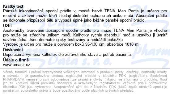 Tena Men Pants Plus Blue L/xl kalhotky absorpční natahovací,boky 95-130cm,1010ml - popis