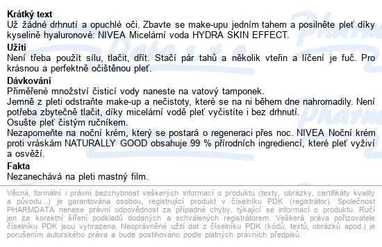 Nivea Hydra Skin Effect Micelarní Voda 400ml 94058 - popis