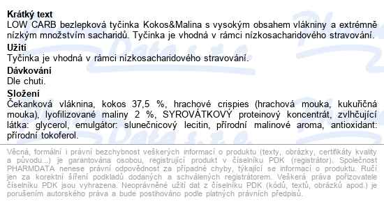 Low Carb Tyčinka Kokos&malina 40g Topnatur - popis