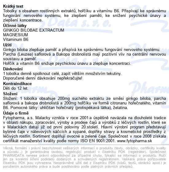 Ginkgo+hořčík Na Paměť Tobolek 30 Fytopharma - popis