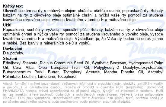 Olivenöl Balzám Na Rty S Mátovým Olejem 5g - popis