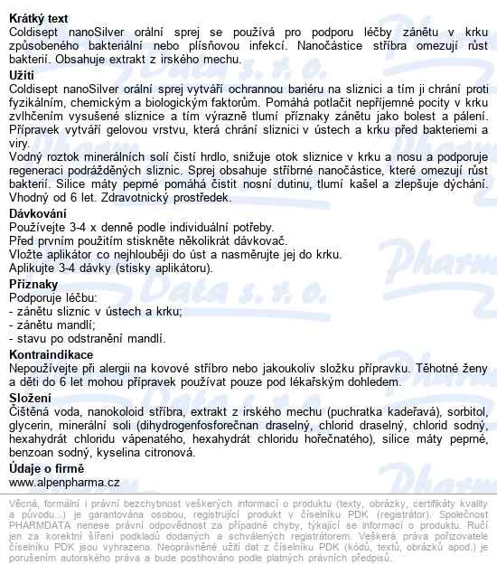 Coldisept Nanosilver Orální Sprej 20ml - popis