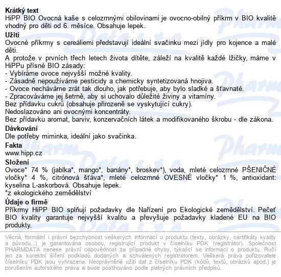 Hipp Ovoc.kaše S Celozrn.obilovinami Bio 6m 190g - popis