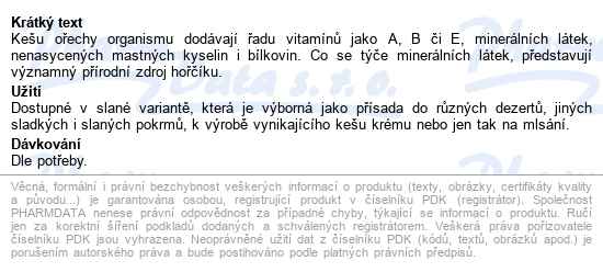 Allnature Kešu Pražená Solená 500g - popis