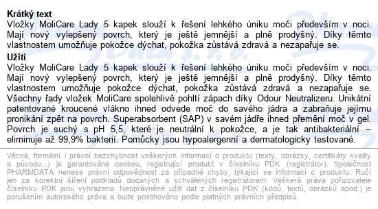 Vložky Absorpční Molicare Lady 5 Kapek 1045ml,14ks - popis