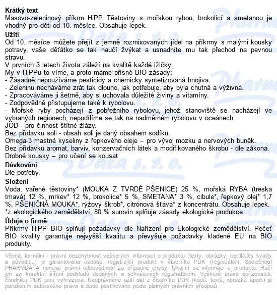Hipp Těstoviny Ryba-brokolice-smetana Bio 10m 220g - popis