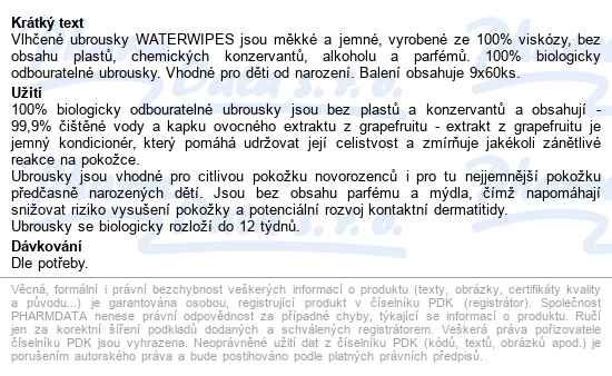 Waterwipes 100% Bioodbouratelné Ubrousky 9x60ks - popis