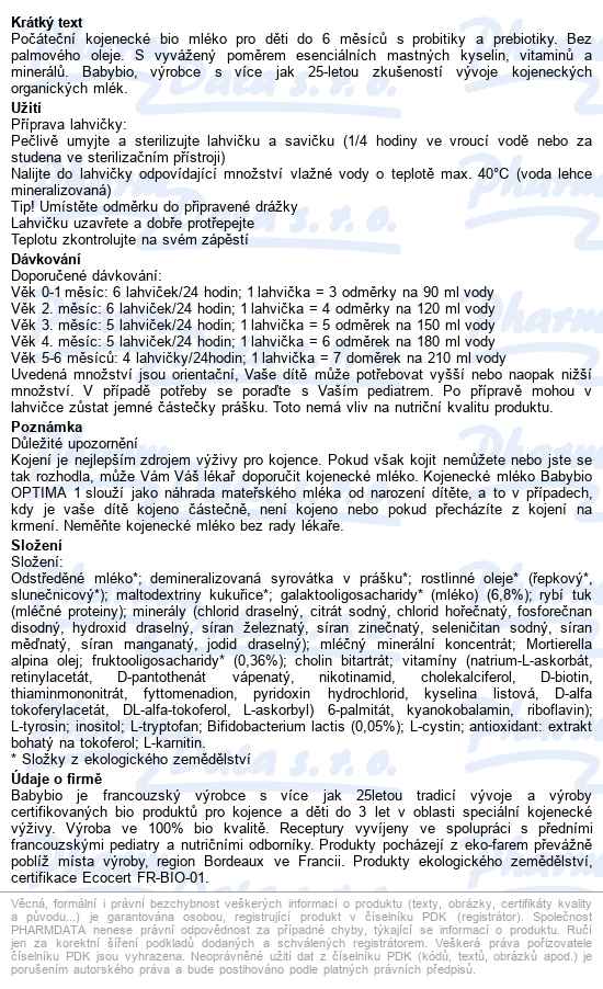 Babybio Optima 1 počáteční kojenecké bio mléko 800 g - popis