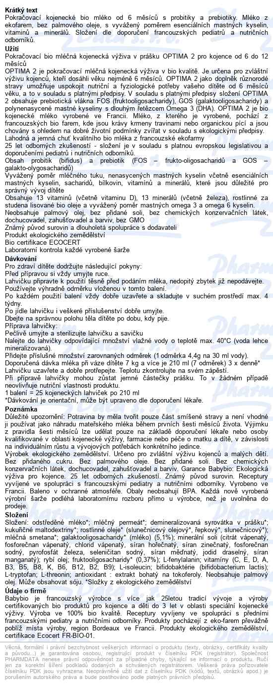Babybio Optima 2 batolecí bio mléko 800 g - popis