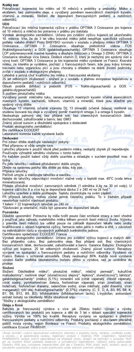 Babybio Optima 3 batolecí bio mléko 800 g - popis