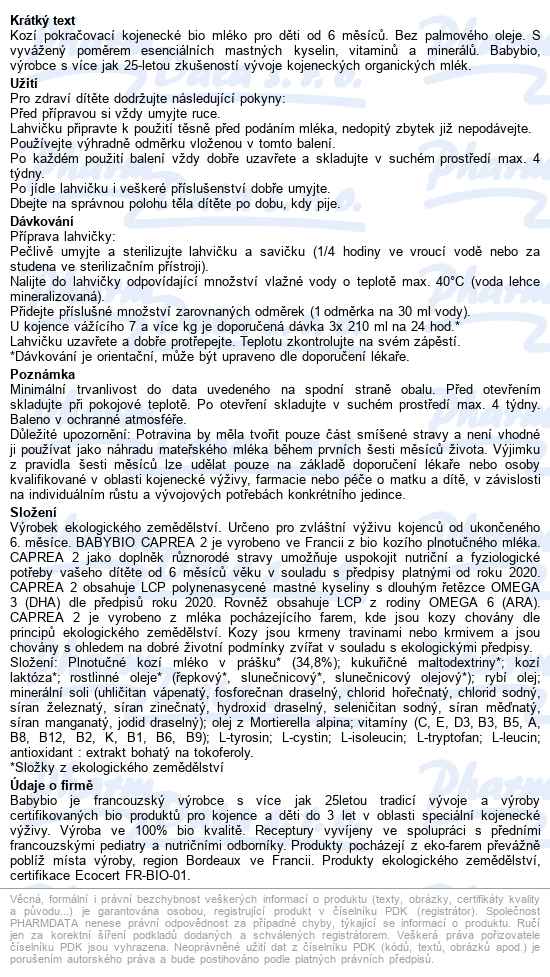 Babybio Caprea 2 kozí pokračovací kojenecké bio mléko 800 g - popis