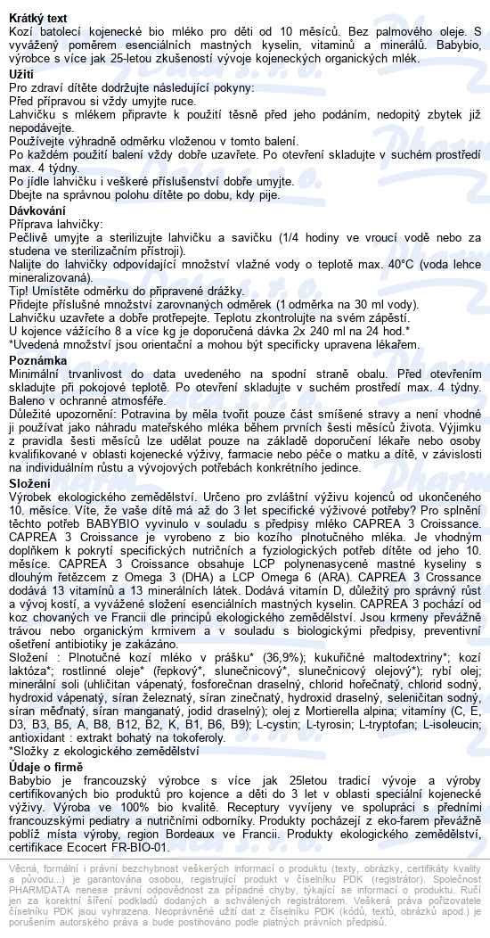 Babybio Caprea 3 kozí batolecí bio mléko 800 g - popis