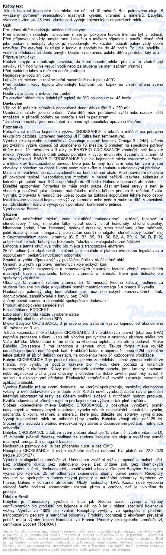 Babybio Croissance 3 pokračovací mléčná výživa 1 l - popis