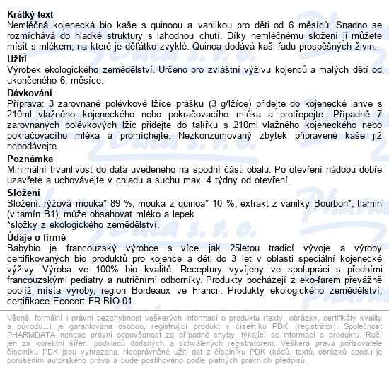 Babybio Nemléčná rýžovoquinoová kaše s vanilkou 220 g - popis