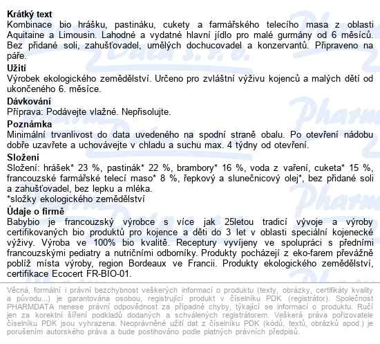 Babybio Hrášek, pastinák a cuketa s telecím masem 2x200 g - popis