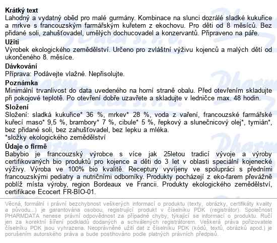 Babybio Sladká kukuřice s kuřecím masem 2x200 g - popis
