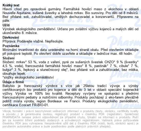 Babybio Mrkev a sušené švestky s hovězím masem 2x200 g - popis