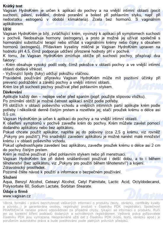 Vagisan Hydrokrém 50g - popis