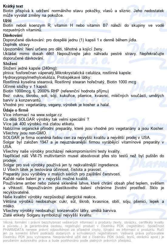 Solgar Biotin 1000 mcg 50 kapslí - popis