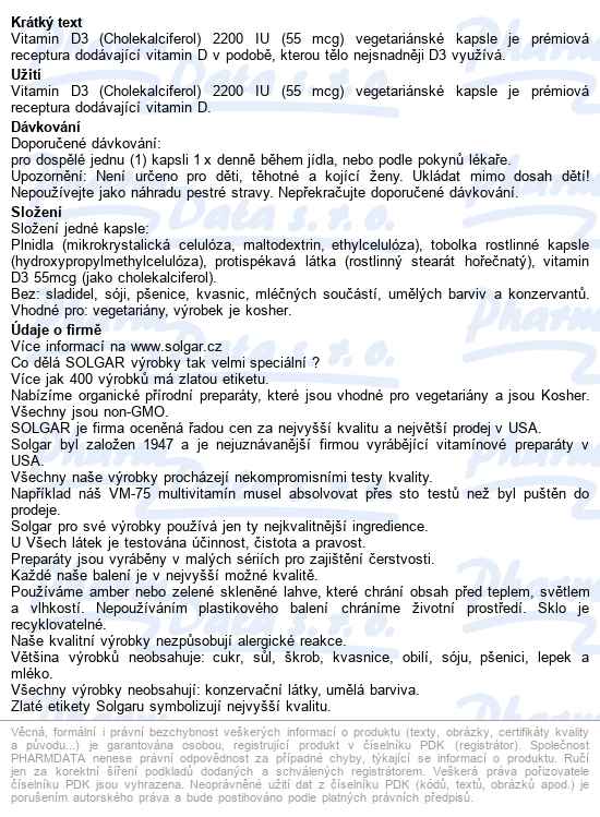 Solgar Vitamin D3 2200IU 50 kapsul - popis