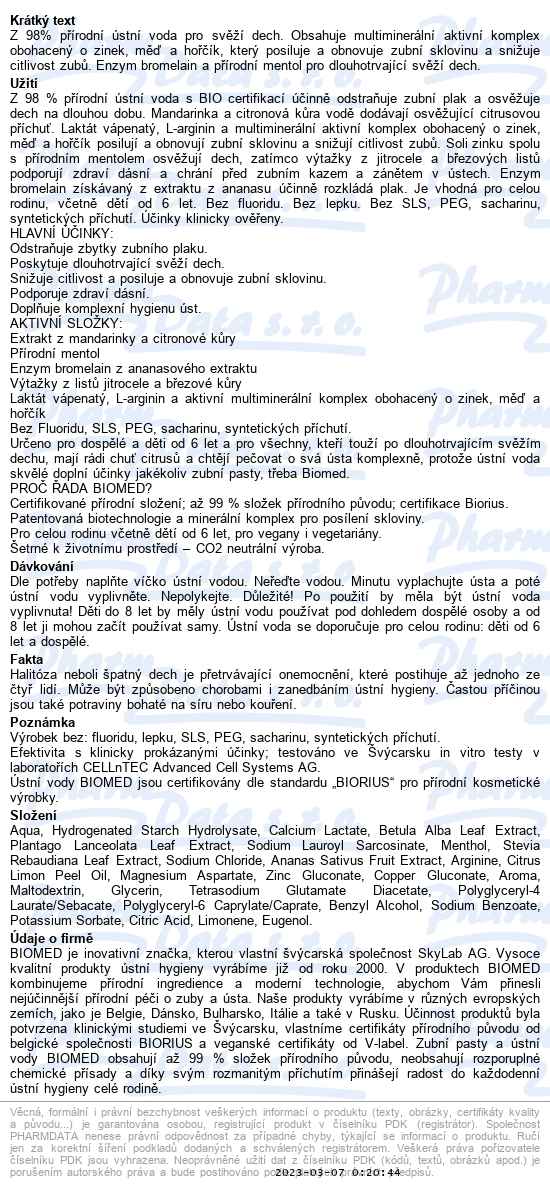 Biomed Citrus fresh ústní voda bio 250 ml - popis