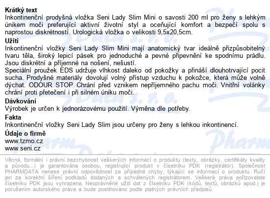 Seni Lady Slim Mini inkontinenční vložky pro ženy, 9,5 x 20,5cm - popis